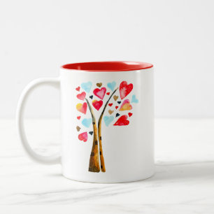 Caneca De Café Em Dois Tons Árvore do coração arte em aquarela para o dia dos 