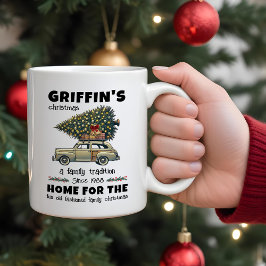 Caneca De Café Em Dois Tons Árvore Engraçada no Natal da Família Carro