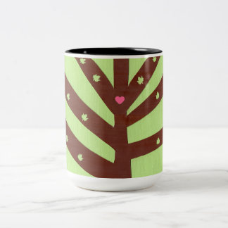 Caneca De Café Em Dois Tons Árvore Minimalista com Coração e Folhas Cor-de-Ros