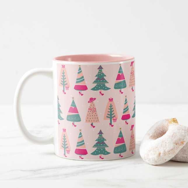Caneca De Café Em Dois Tons Árvores de Natal Femininas de Rosa Simples  (Com Donut)
