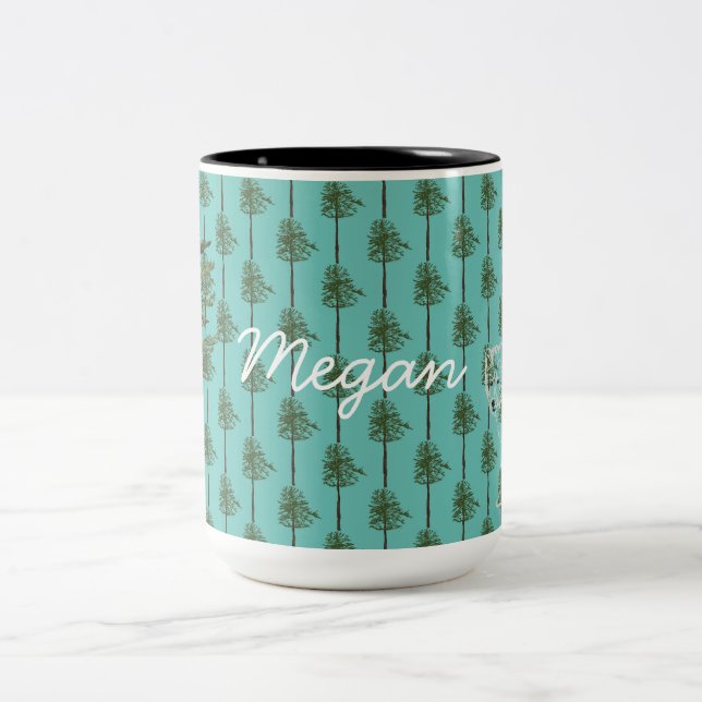 Caneca De Café Em Dois Tons Árvores de pinheiro e lobo bebê  (Centro)