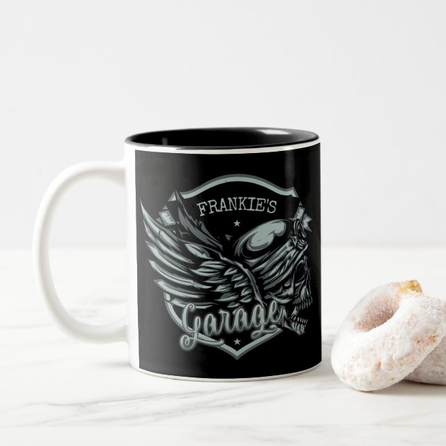 Caneca De Café Em Dois Tons Asas de Caveira de Motociclista Personalizadas NAM (Com Donut)