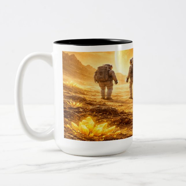 Caneca De Café Em Dois Tons Astronautas exploram planeta amarelo (Esquerda)