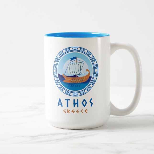 Caneca De Café Em Dois Tons Athos, Grécia Desenho de Navio Grego (Direita)