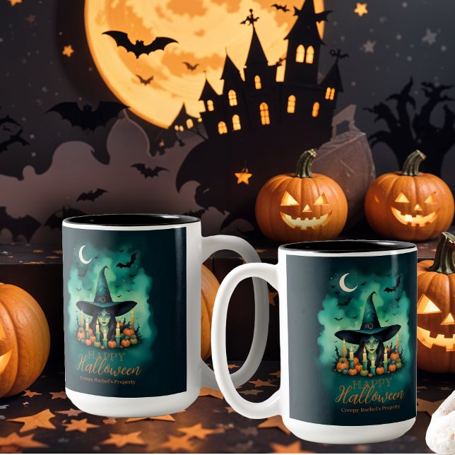 Caneca De Café Em Dois Tons Attractive & Mystical Halloween Witch Conjures (Attractive & Mystical Halloween Witch Conjures Enchanting Spells Amid Glowing Candles Mugs.)