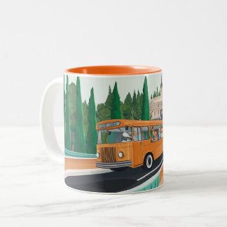 Caneca De Café Em Dois Tons autocarro turístico estilo vintage com passageiros