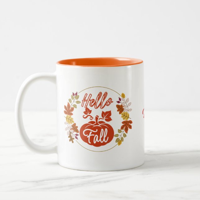 Caneca De Café Em Dois Tons Autumn Deixa Wreath Pumpkin Nome Monograma (Esquerda)
