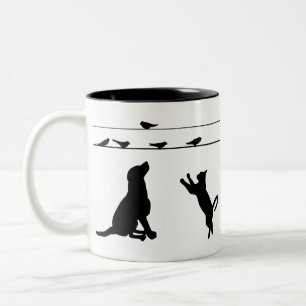 Caneca De Café Em Dois Tons Aves De Cães Gatos Silhouettes Fios Fios Animais