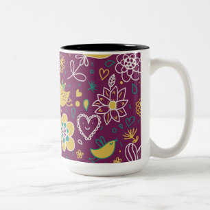 Caneca De Café Em Dois Tons Aves e Flores de Vinho