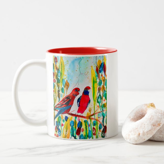Caneca De Café Em Dois Tons Aves rosella na arte aquática das árvores (Com Donut)