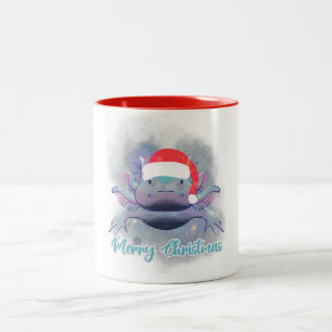 Caneca De Café Em Dois Tons Axolote Fofo vestindo Chapéu Vermelho de Papai Noe