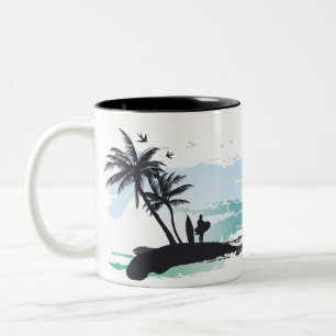 Caneca De Café Em Dois Tons Azul branco e preto cheira ao verão do mar