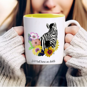 Caneca De Café Em Dois Tons Azul de Zebra Colorida Floral Fauna Margarida