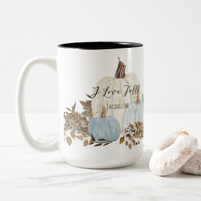 Caneca De Café Em Dois Tons Azul Dusty I Love Queda Foliage Pumpkin (Com Donut)