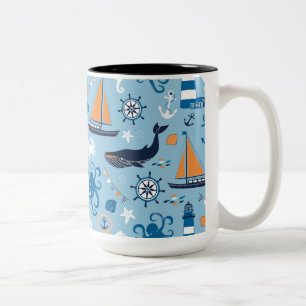 Caneca De Café Em Dois Tons Azul e laranja no oceano náutico