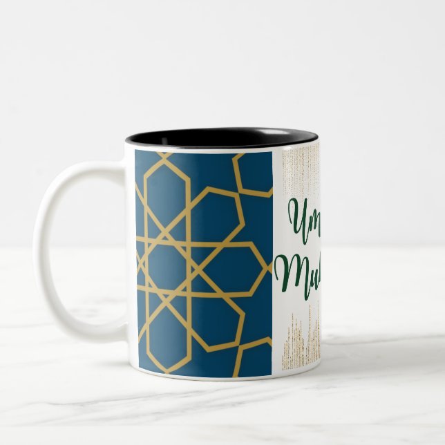 Caneca De Café Em Dois Tons Azul e Ouro e Umrah Mubarak Verde (Esquerda)