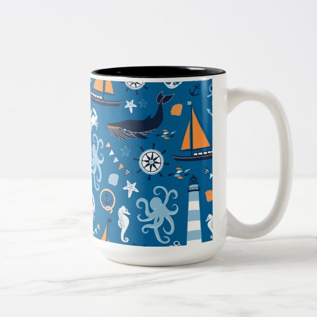 Caneca De Café Em Dois Tons Azul Profundo Todas As Coisas Náuticas (Direita)