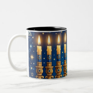 Caneca De Café Em Dois Tons Azul Rico e Dourado Hanukkah Repleto de Joias