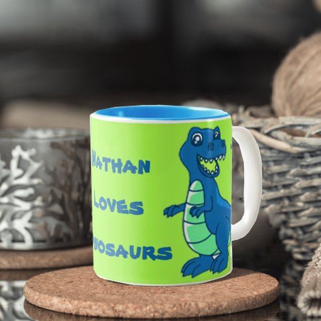 Caneca De Café Em Dois Tons Azul Verde | Personalizar nome | Dinossauro | Mug (Criador carregado)