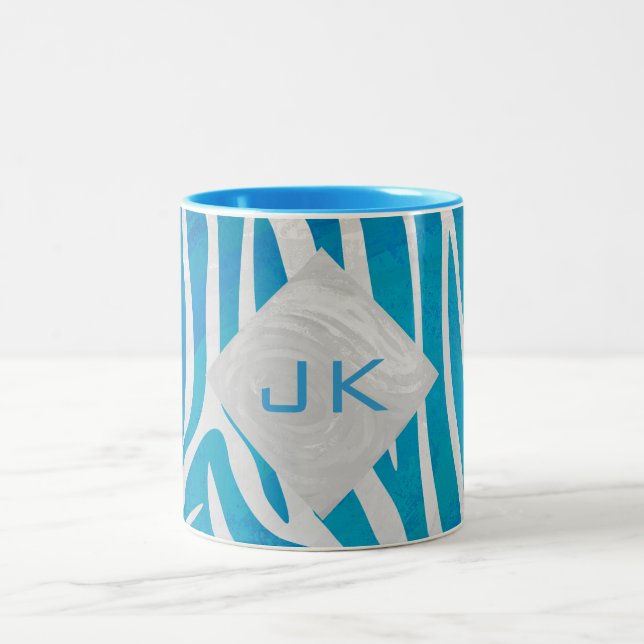 Caneca De Café Em Dois Tons Azul Zebra e Branco com Monograma (Centro)