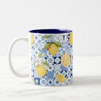 Caneca De Café Em Dois Tons Azulejo Azul Mediterrâneo e Limão 
