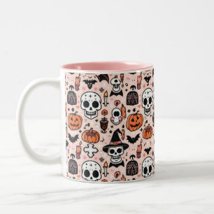 Caneca De Café Em Dois Tons Azulejo do tema do Dia das Bruxas Rosa Spooky