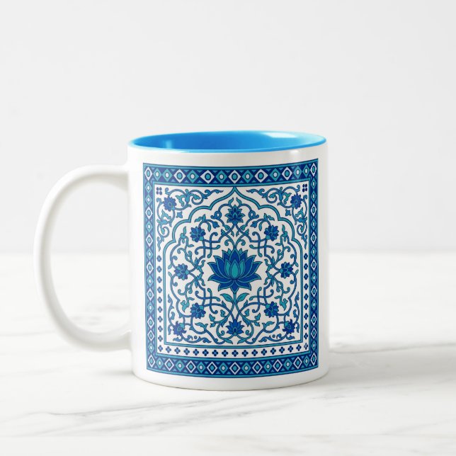 Caneca De Café Em Dois Tons Azulejo Mandala de Lótus Azul (Esquerda)