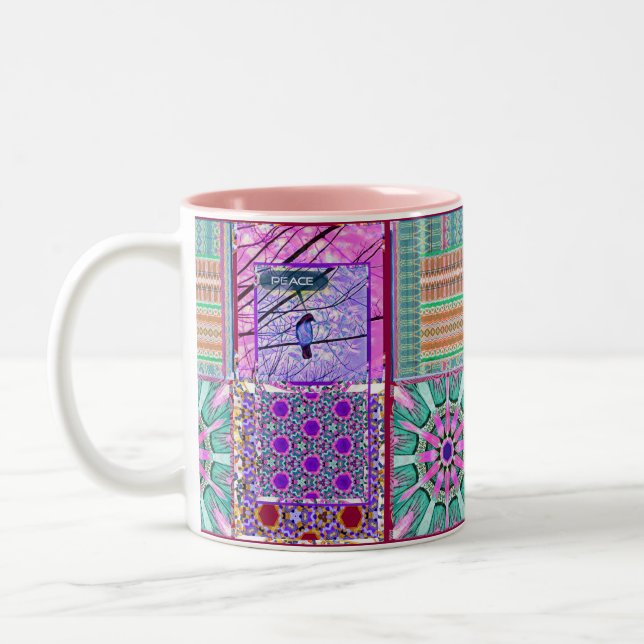 Caneca De Café Em Dois Tons Azulejos Azulejos Geométricos com Pássaro da Paz (Esquerda)