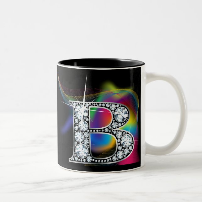 Caneca De Café Em Dois Tons "B" Diamond Bling no Rainbow Swirl Mug (Direita)