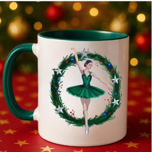 Caneca De Café Em Dois Tons Balé de quebra-cabeça   Green Christmas Ballerina