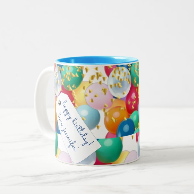 Caneca De Café Em Dois Tons Balões personalizados básicos de confete de aniver (Frente Esquerda)