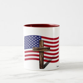 Caneca De Café Em Dois Tons Bandeira Americana e Cruz Rústica