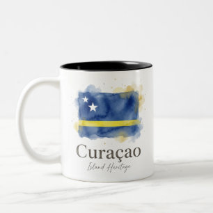 Caneca De Café Em Dois Tons Bandeira de Curaçao em Aquarela Patrimônio Carib