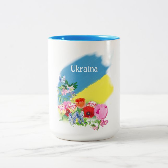 Caneca De Café Em Dois Tons Bandeira e flores ucranianas (Centro)