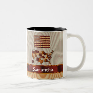 Caneca De Café Em Dois Tons Bandeira e mapa americanos de madeira