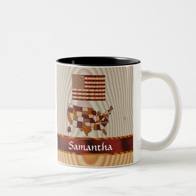 Caneca De Café Em Dois Tons Bandeira e mapa americanos de madeira (Direita)