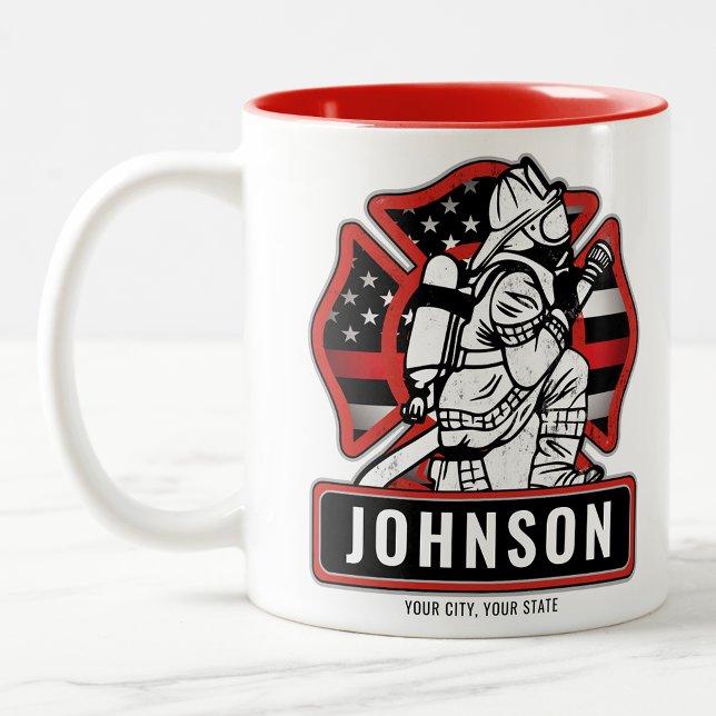 Caneca De Café Em Dois Tons Bandeira Patriótica do Bombeiro Personalizado (Criador carregado)