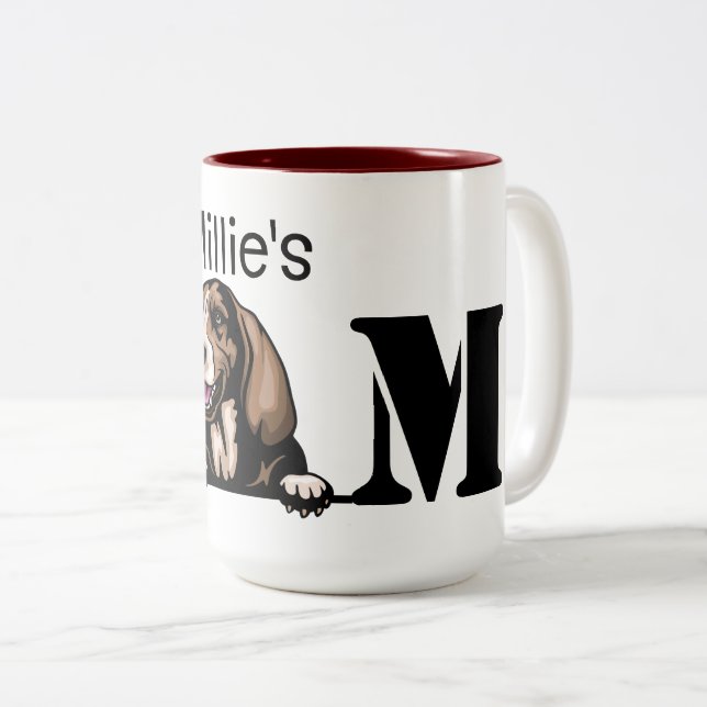 Caneca De Café Em Dois Tons Basset Hound Personalizado Peeking Mãe (Frente Esquerda)