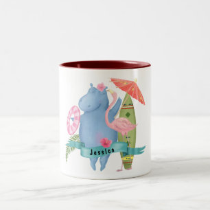 Caneca De Café Em Dois Tons Bebê Bonito Hippo com Nome Personalizado Flamingo