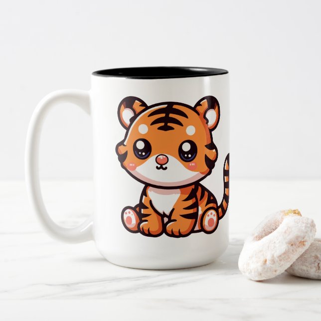 Caneca De Café Em Dois Tons Bebê bonito sentado com tigre (Com Donut)