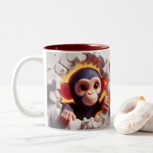 Caneca De Café Em Dois Tons Bebê-Chimpanzé-Caco-Quente 3D (Com Donut)