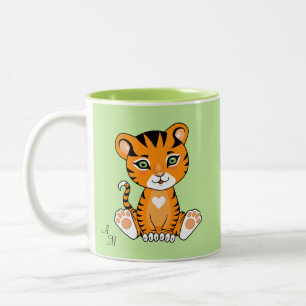 Caneca De Café Em Dois Tons Bebê Tigre Fofo Animal Cartoon & Monograma em Verd