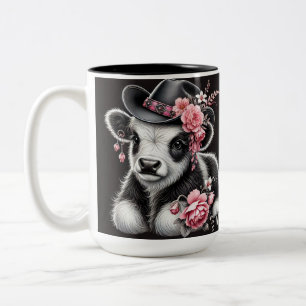 Caneca De Café Em Dois Tons Bebê Vaca em um Chapéu Elegante Adornado Com Flore