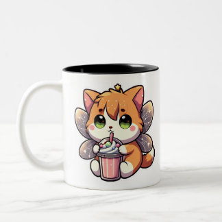 Caneca De Café Em Dois Tons Bebendo de gato fada bonito