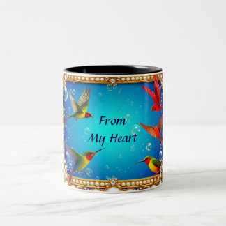 Caneca De Café Em Dois Tons Beija-flores Vibrantes em Moldura Ornamentada com