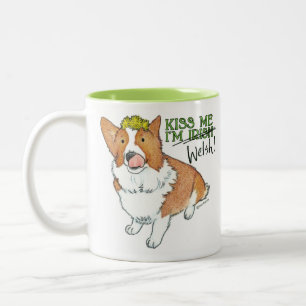 Caneca De Café Em Dois Tons Beije-me Sou galês - Corgi Saint Patrick's Day Mu