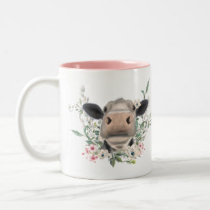 Caneca De Café Em Dois Tons beijo de nariz de vaca flores aquarela cinza anima