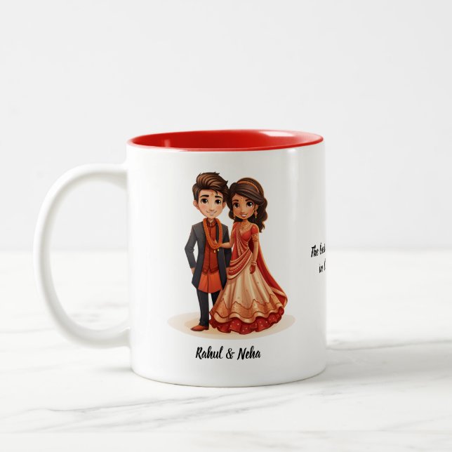 Caneca De Café Em Dois Tons Bela Cartoon de Desi Bride & Groom Indian Wedding (Esquerda)