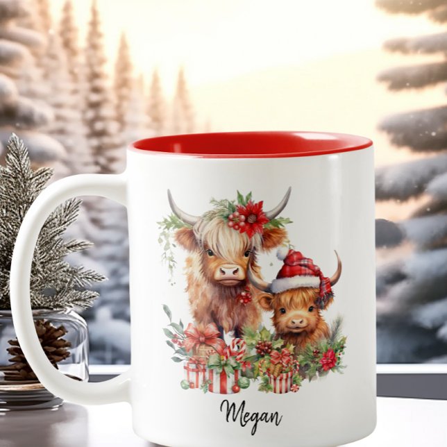 Caneca De Café Em Dois Tons Bela Terra Vaca Vitelo Natal Santa Hat (Criador carregado)