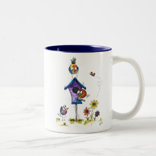 Caneca De Café Em Dois Tons Belas aves brancas em uma casinha
